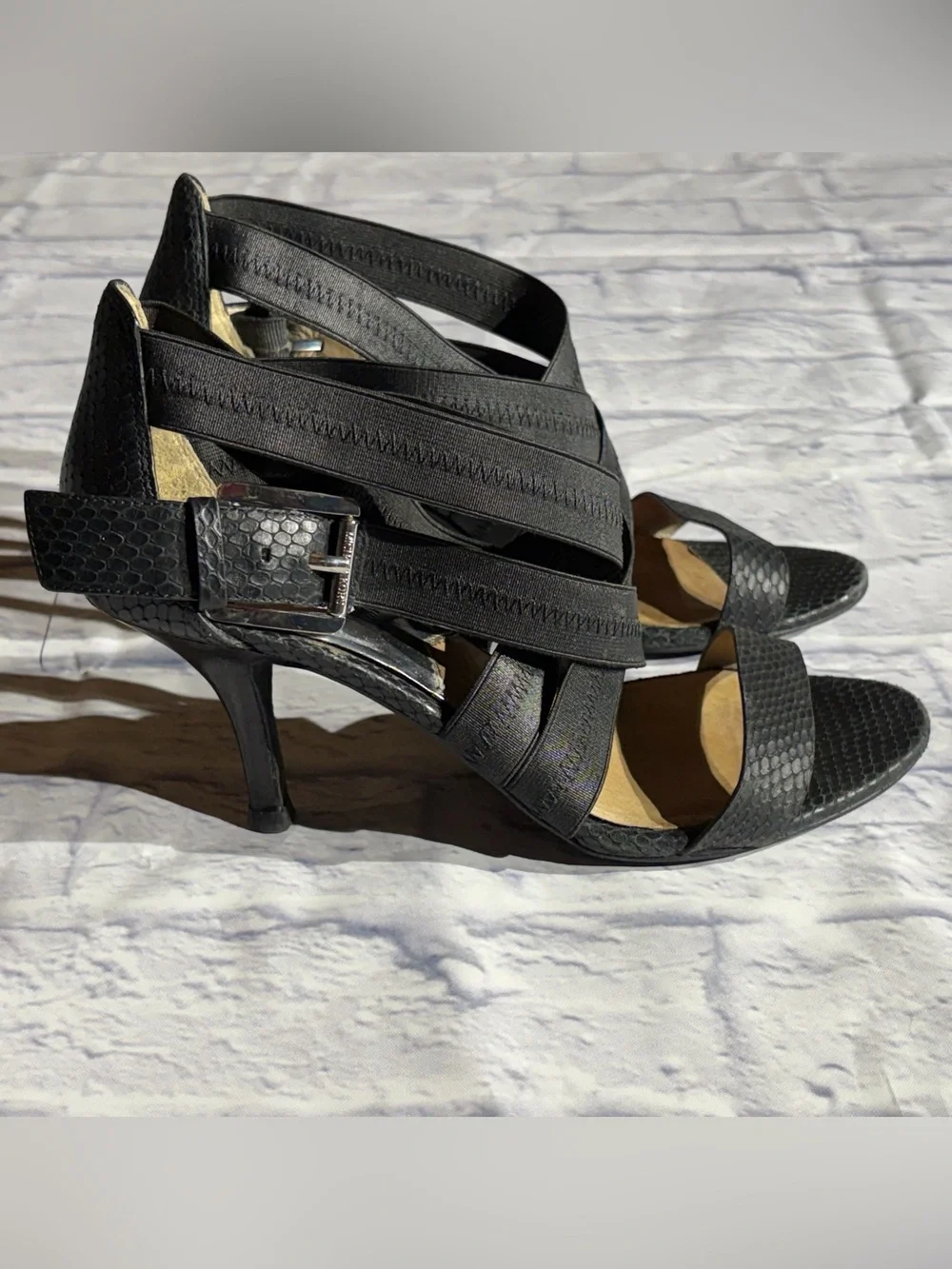 Michael Kors Black Snake Embossed Strappy Kitten Heel Sandals Size 7.5